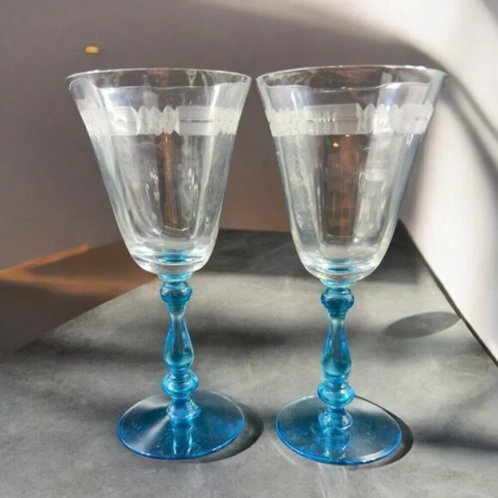 Antique Tiffin Franciscan Tall Blue Stem 2‎ Glasses Etched Manganese 365nm UV